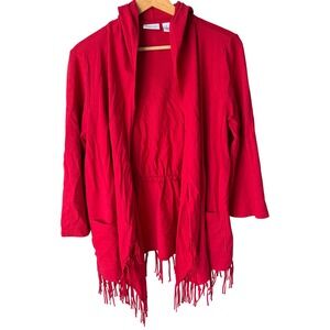 Zenergy by Chicos Red Hooded Fringe Cardigan Open Front Pockets Size 1 Medium